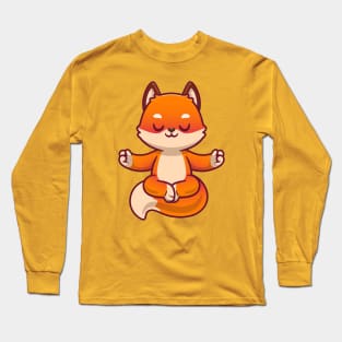 Cute Fox Meditating Yoga Cartoon Long Sleeve T-Shirt